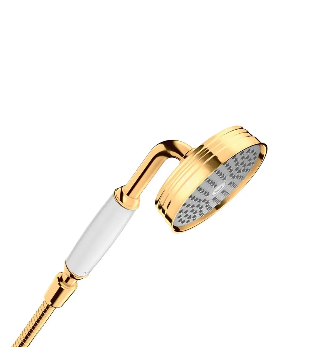 Handbrause in glänzendem Gold mit ergonomischem Griff und runder Kopfplatte, präsentiert von AXOR. Der Duschkopf hat ein schlichtes, modernes Design.